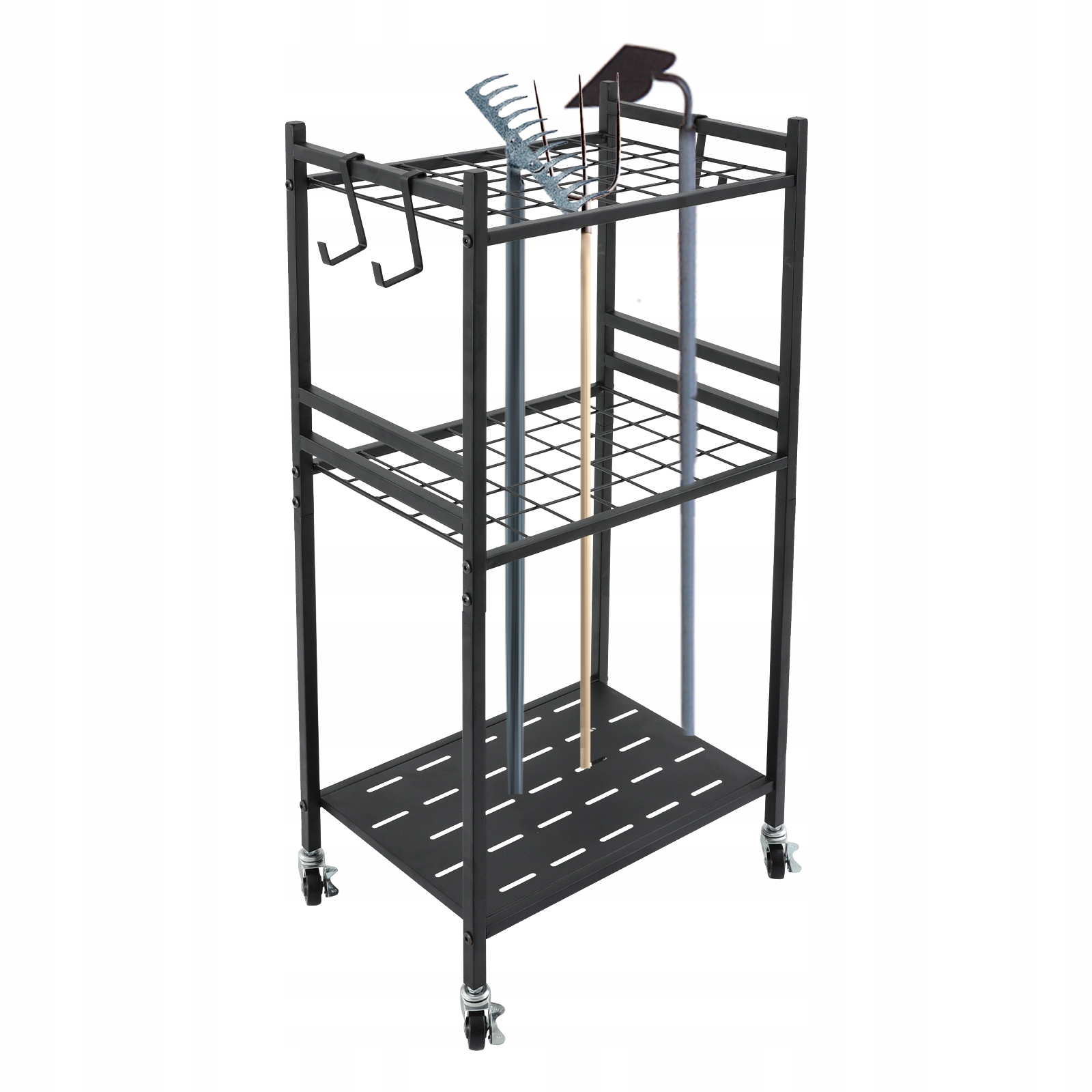 Organizér na záhradné náradie 43X30X79,5 cm kolieska kovová polica DO kútne na garáž